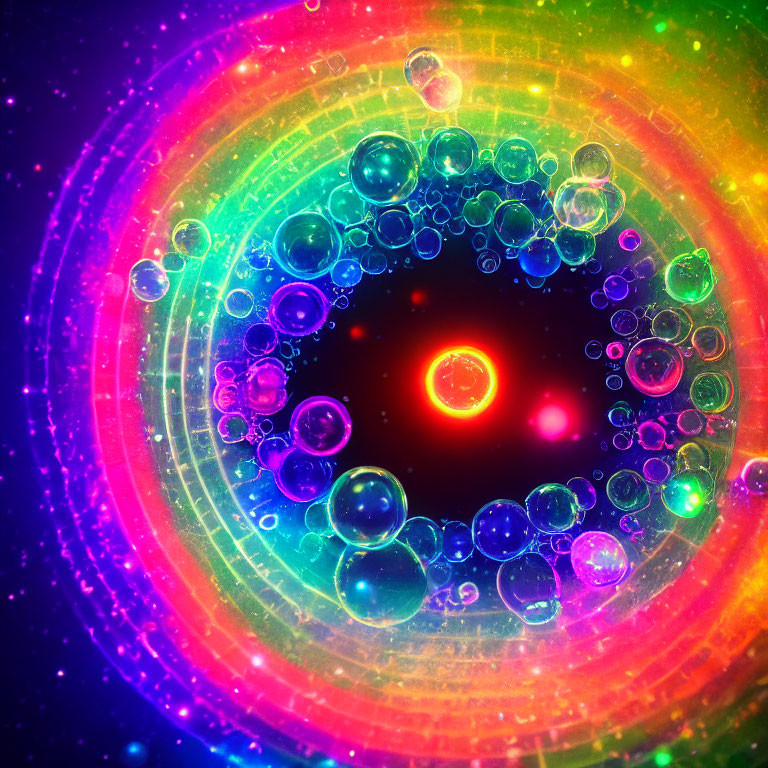 Colorful concentric circle digital artwork with glowing bubbles in rainbow colors on dark background