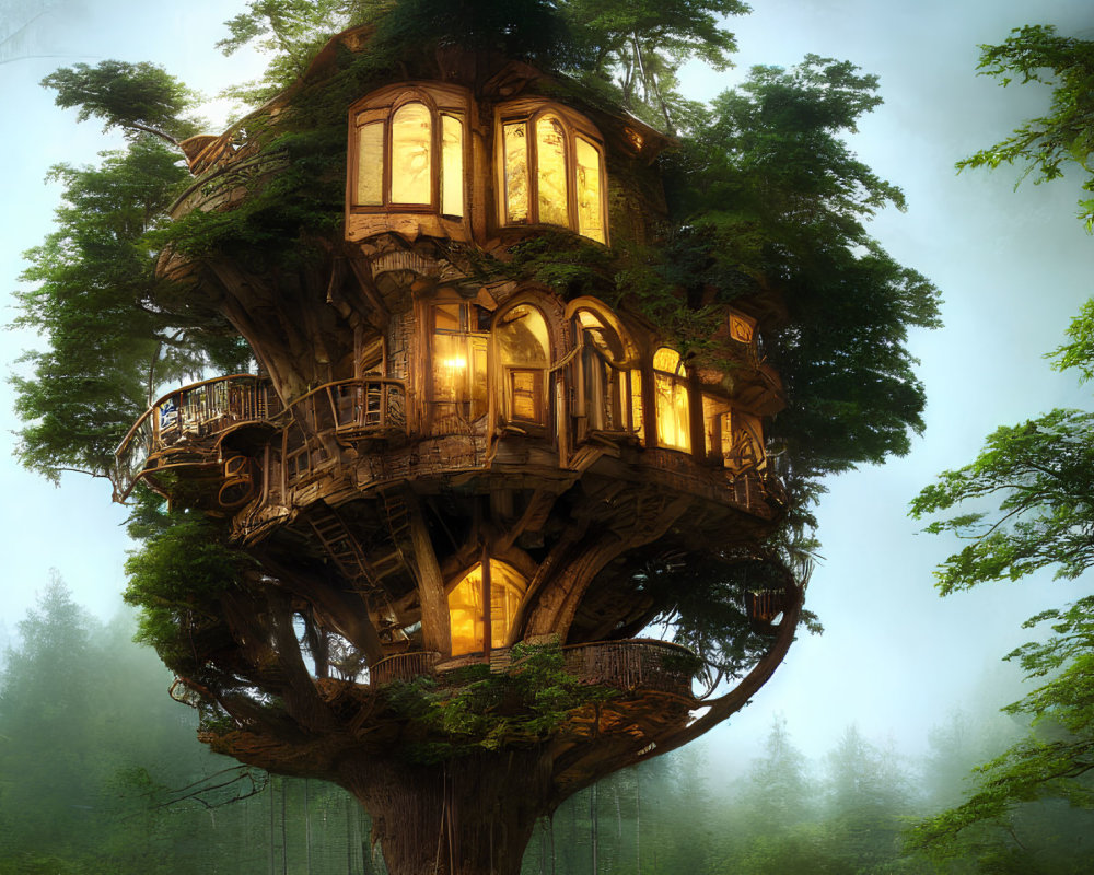 Enchanting Multi-Story Treehouse in Tranquil Forest