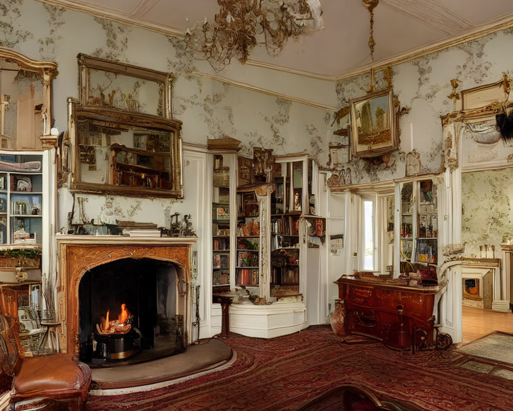 Vintage Room with Fireplace, Mirrors, Chandelier, Bookcases, Antique Furniture & Carpet