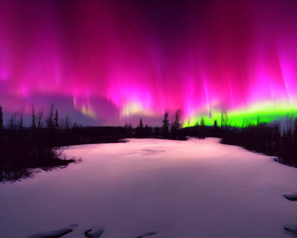 Stunning purple and green aurora borealis over snowy landscape
