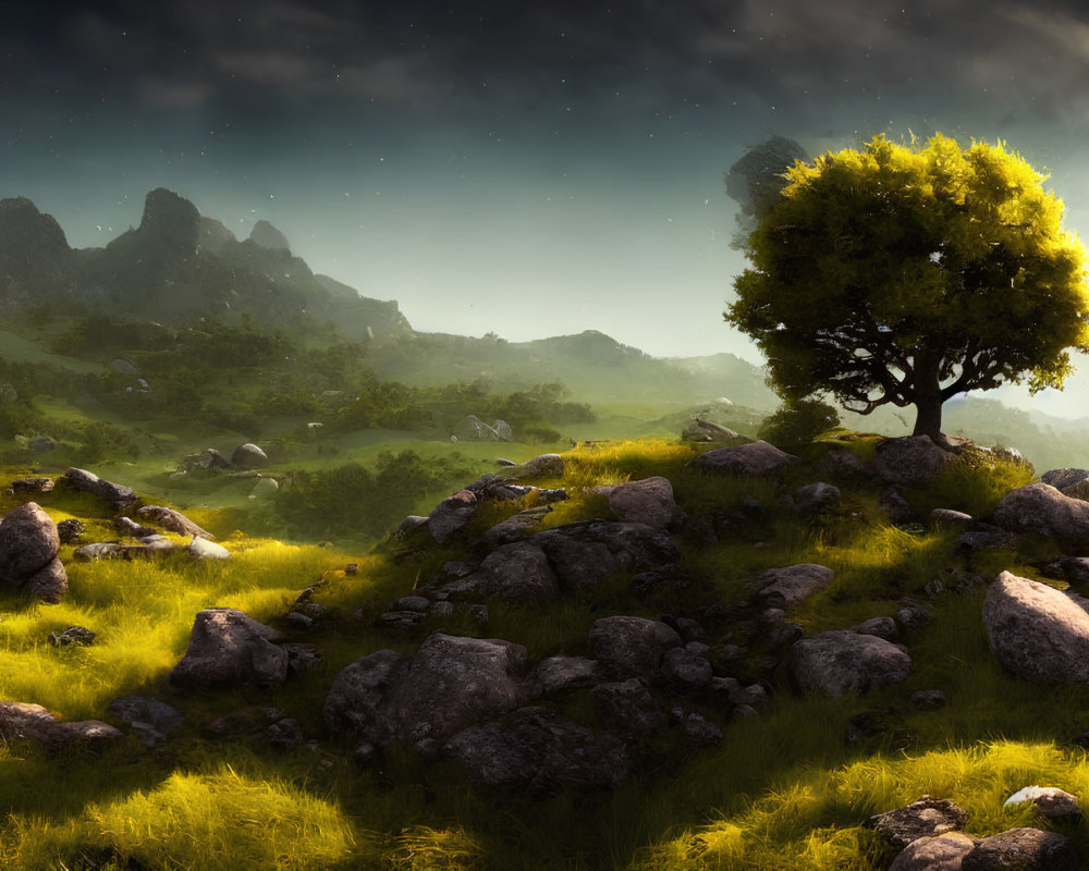 Solitary tree on grassy hillock with mountain peaks and starry sky