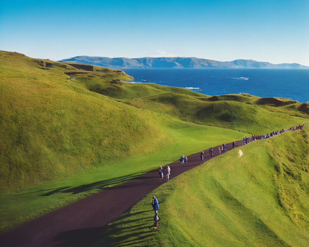 Group walking on winding path amidst green hills, blue sea, and coastline.