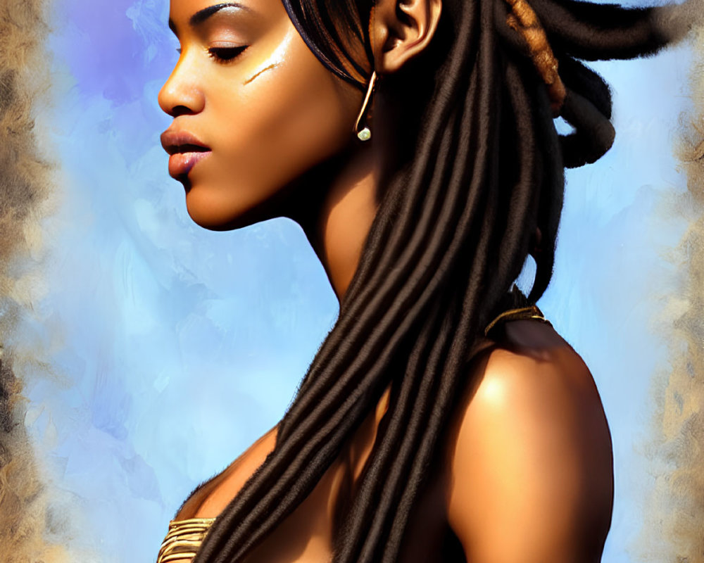 Woman with long dreadlocked hair and ethnic jewelry in profile view.