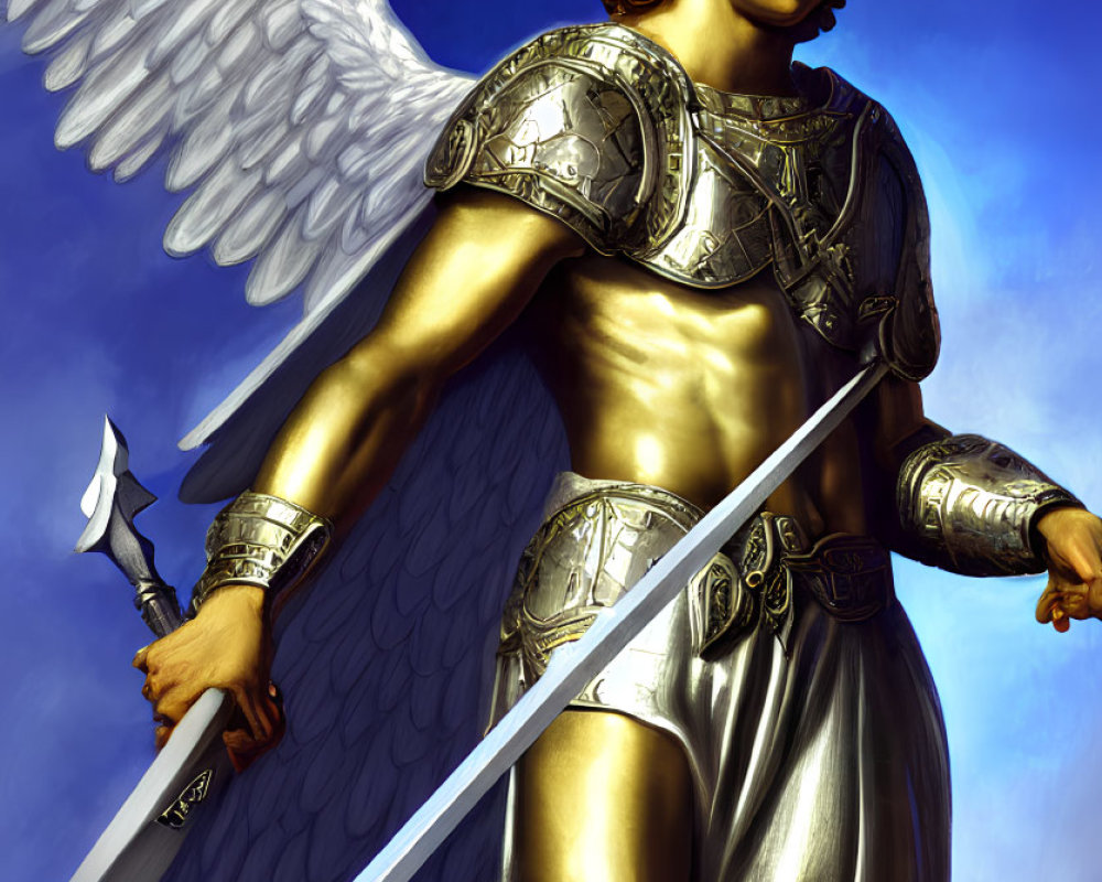 Silver-armored angel with sword, white wings, and golden hair in blue sky
