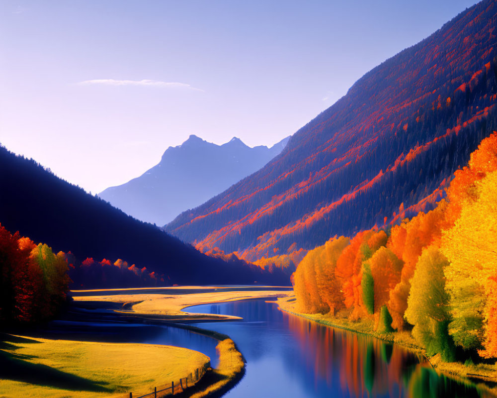 Tranquil river in vibrant autumn landscape with orange and yellow trees