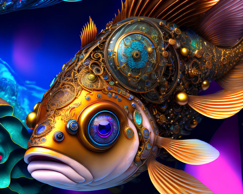 Steampunk-style mechanized fish in cosmic digital artwork