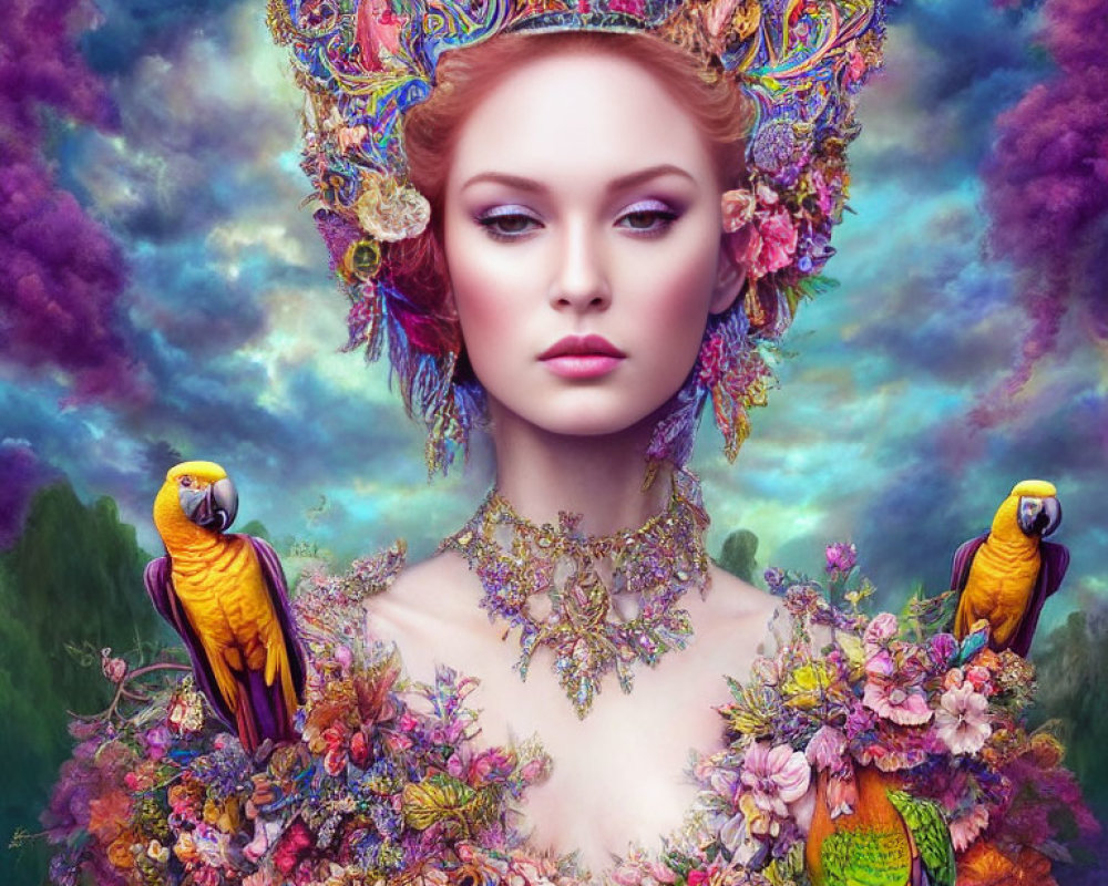 Colorful Woman with Headdress, Jewelry, Parrots, and Floral Background