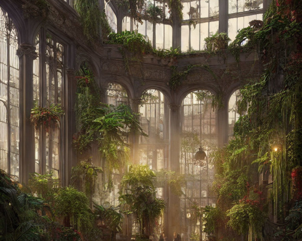 Lush greenhouse with towering plants and people in tranquil setting