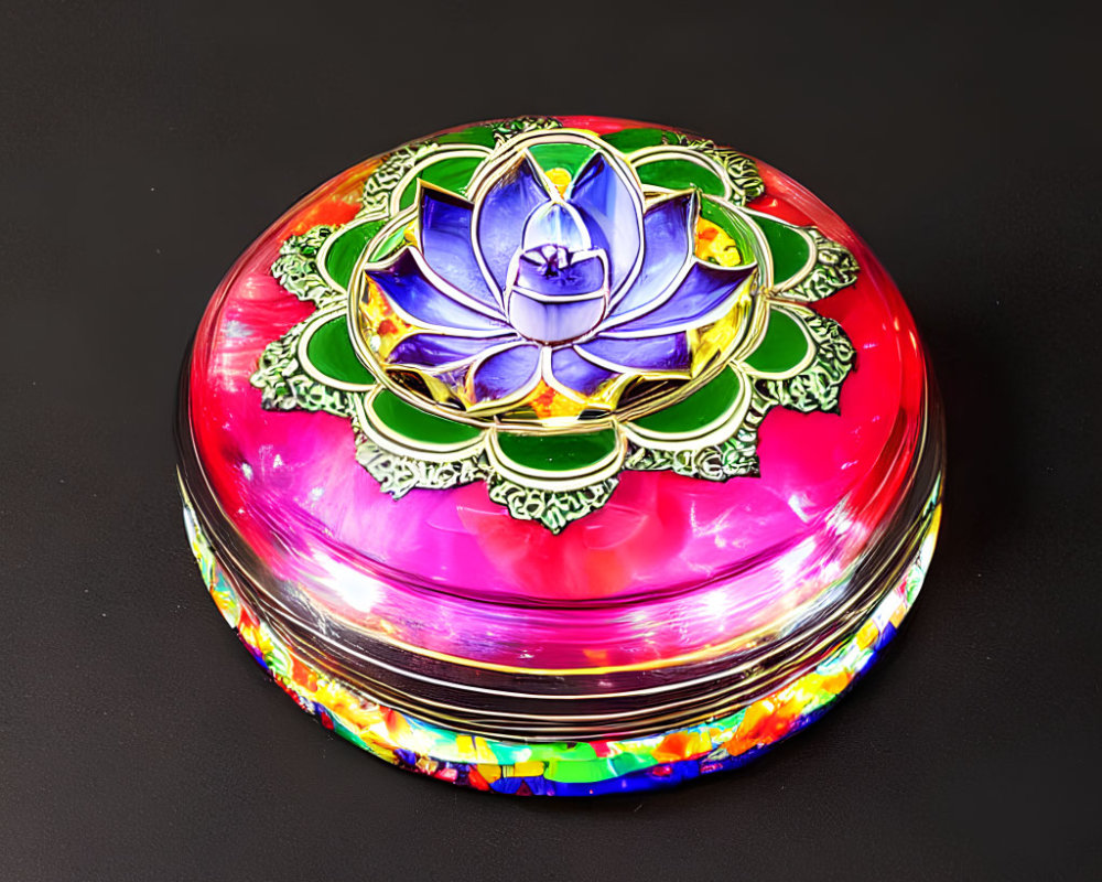 Vibrant Lotus Design on Colorful Round Metal Box