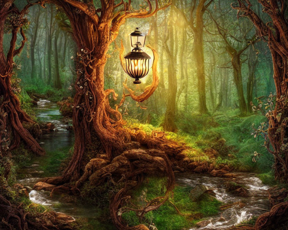 Enchanting forest scene with lantern over serene stream