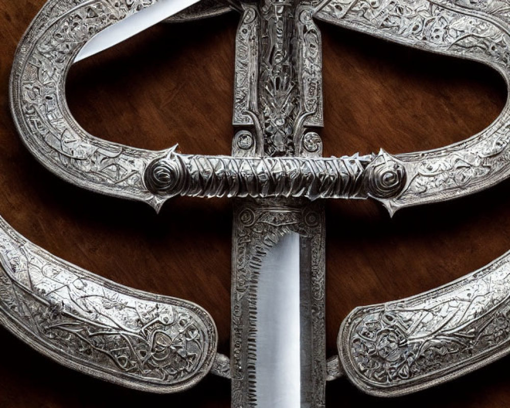 Intricately designed silver hilt ceremonial sword on warm brown backdrop