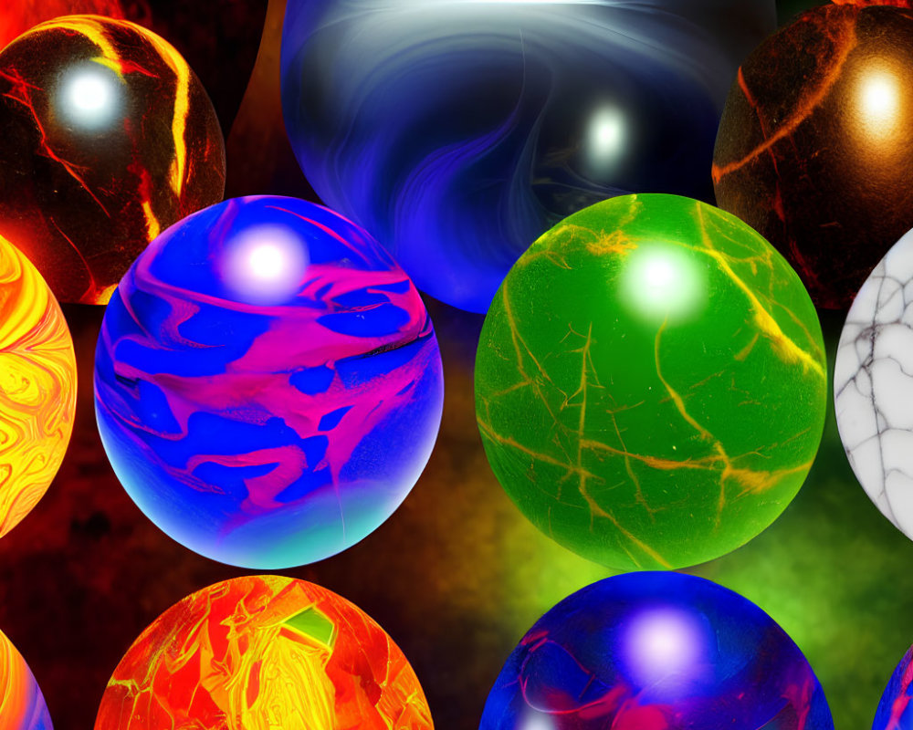 Colorful Glossy Spherical Orbs with Swirling Patterns and Varied Textures