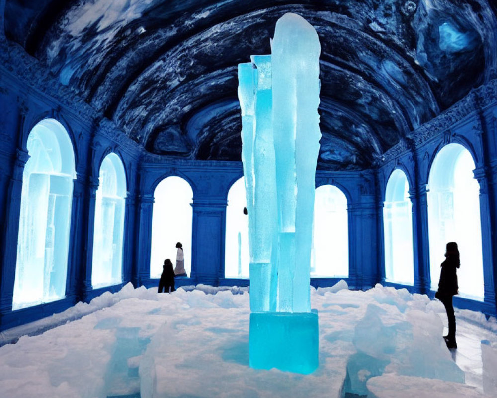 Ethereal blue ice hall with central sculpture and silhouettes