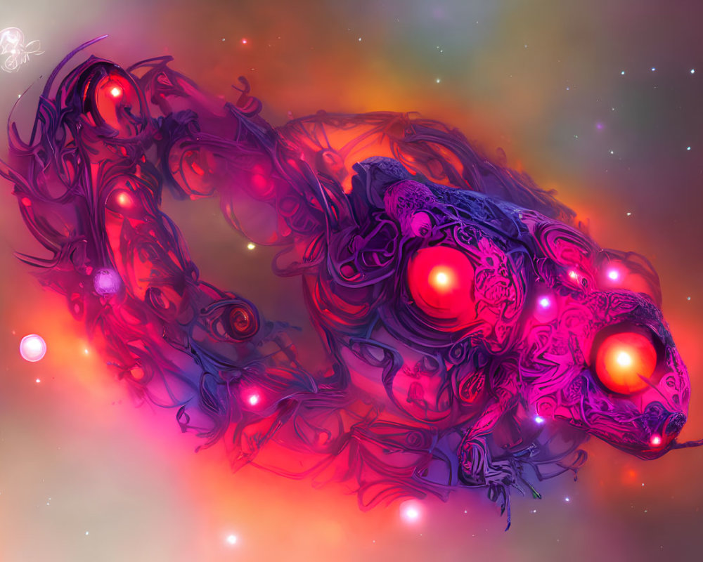 Colorful digital artwork of a mechanical dragon in cosmic nebula.