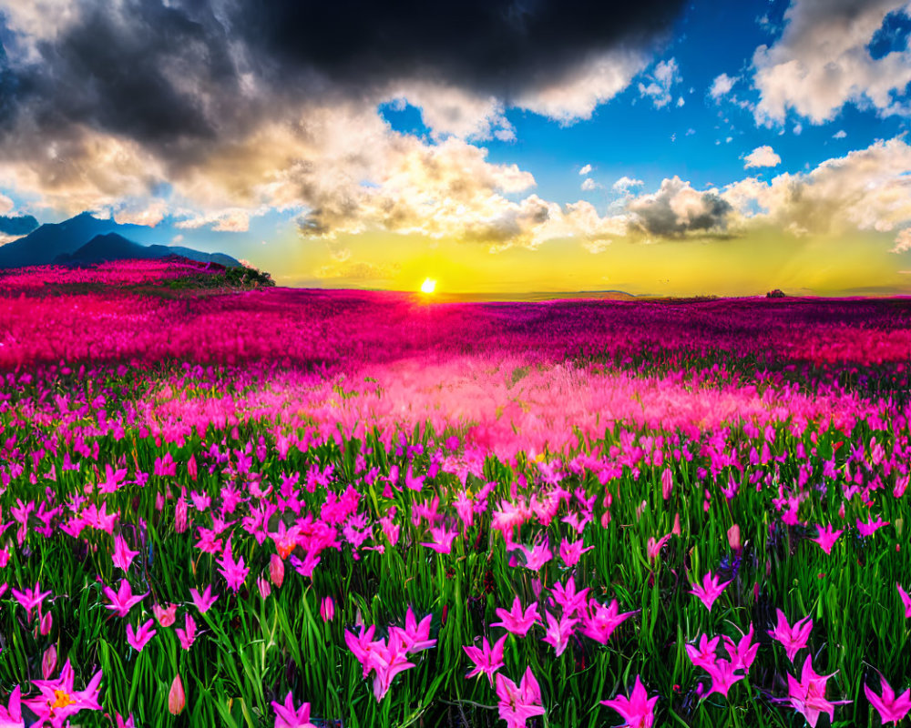 Vibrant pink flowers field at sunset with mountains and dramatic sky