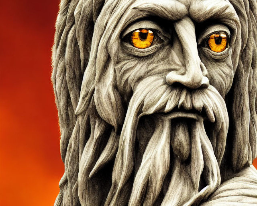 Figure with Long Flowing Beard and Orange Eyes on Fiery Background