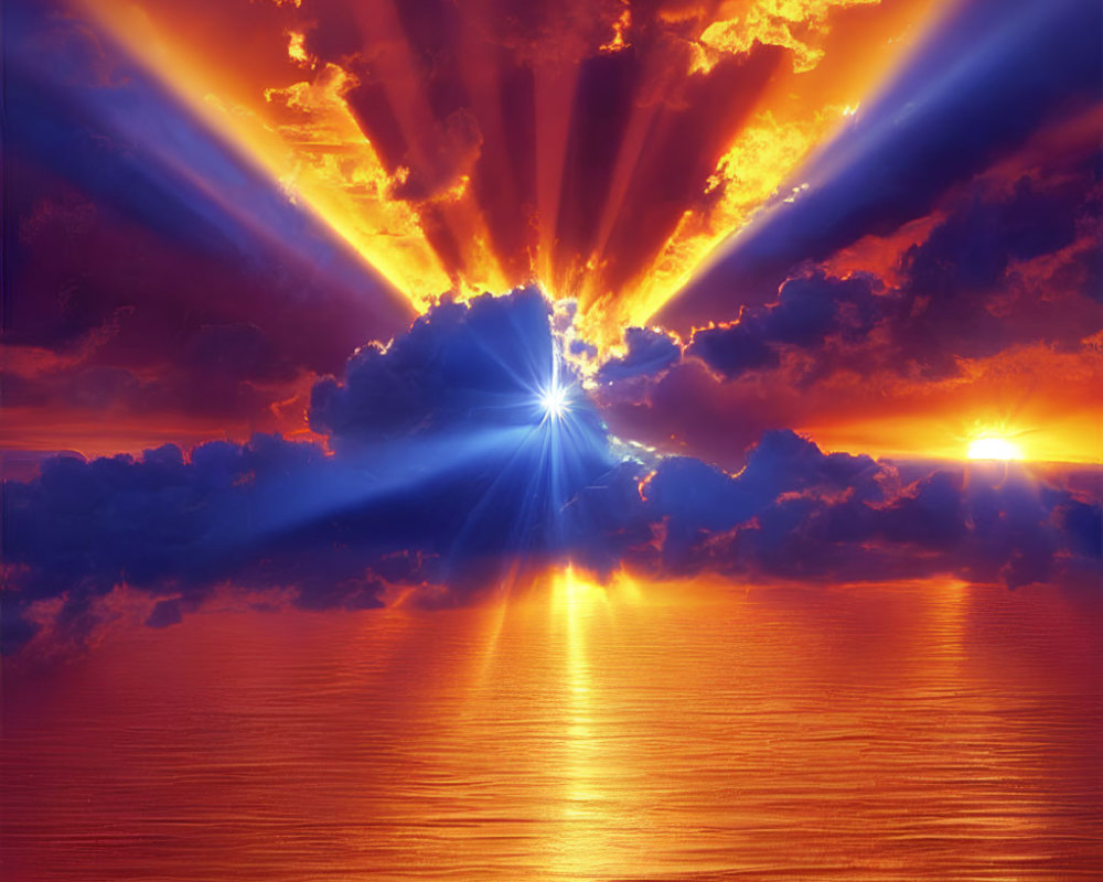 Colorful sunset with sun rays through clouds over calm sea