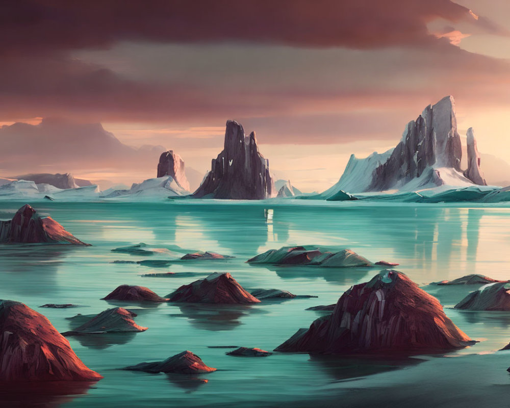 Tranquil landscape with ice formations in turquoise sea under amber sky