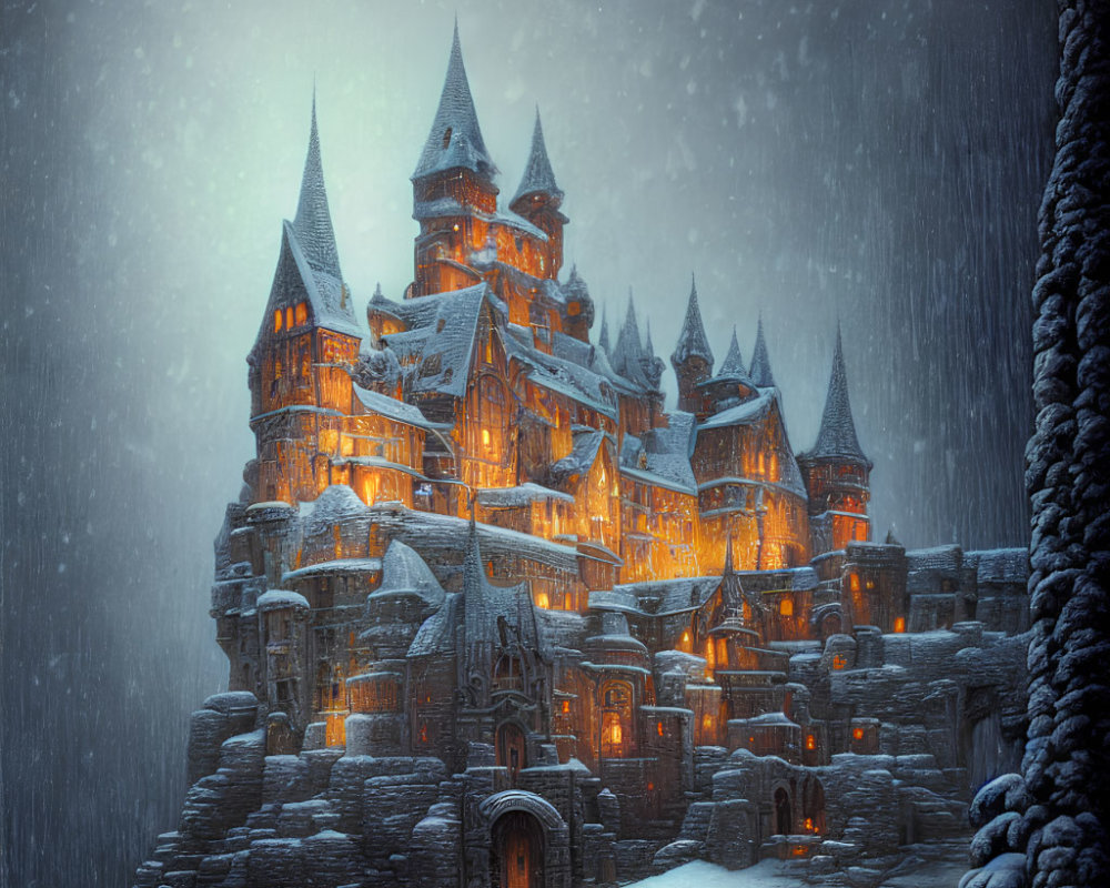 Snow-covered castle with spires in a winter landscape