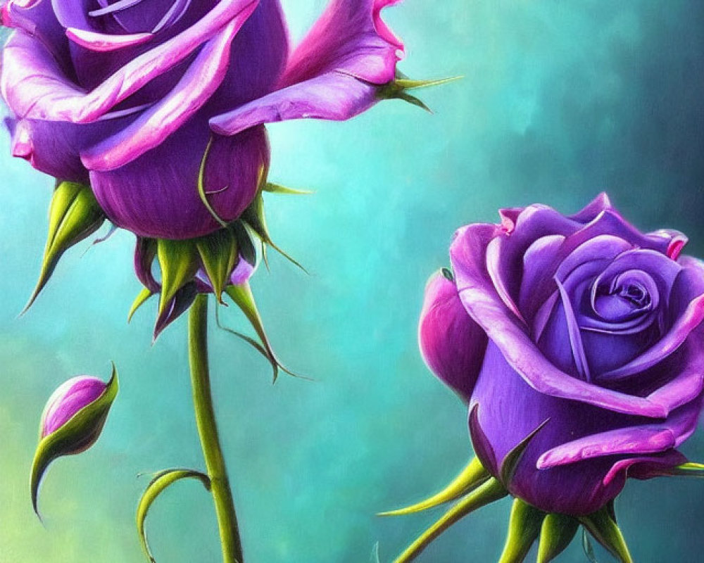 Detailed purple roses on blue-green backdrop