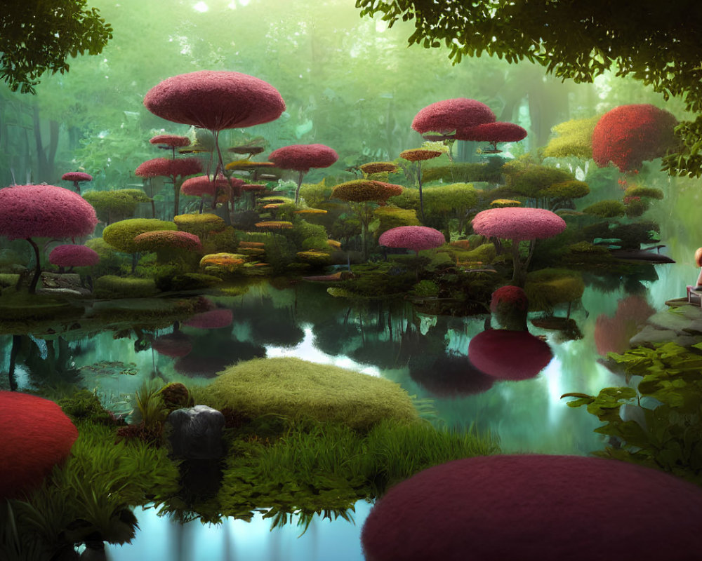 Fantasy landscape with pink and green foliage, mushroom trees, and reflective pond
