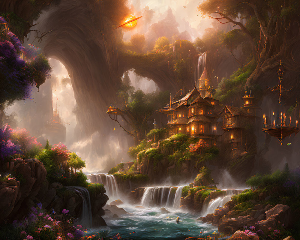 Mystical landscape with cascade, lush trees, and enchanting house nestled in rocky arch.