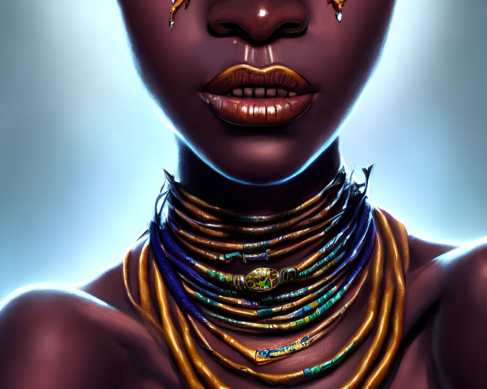 Digital portrait of woman with golden jewelry and neck rings against muted background