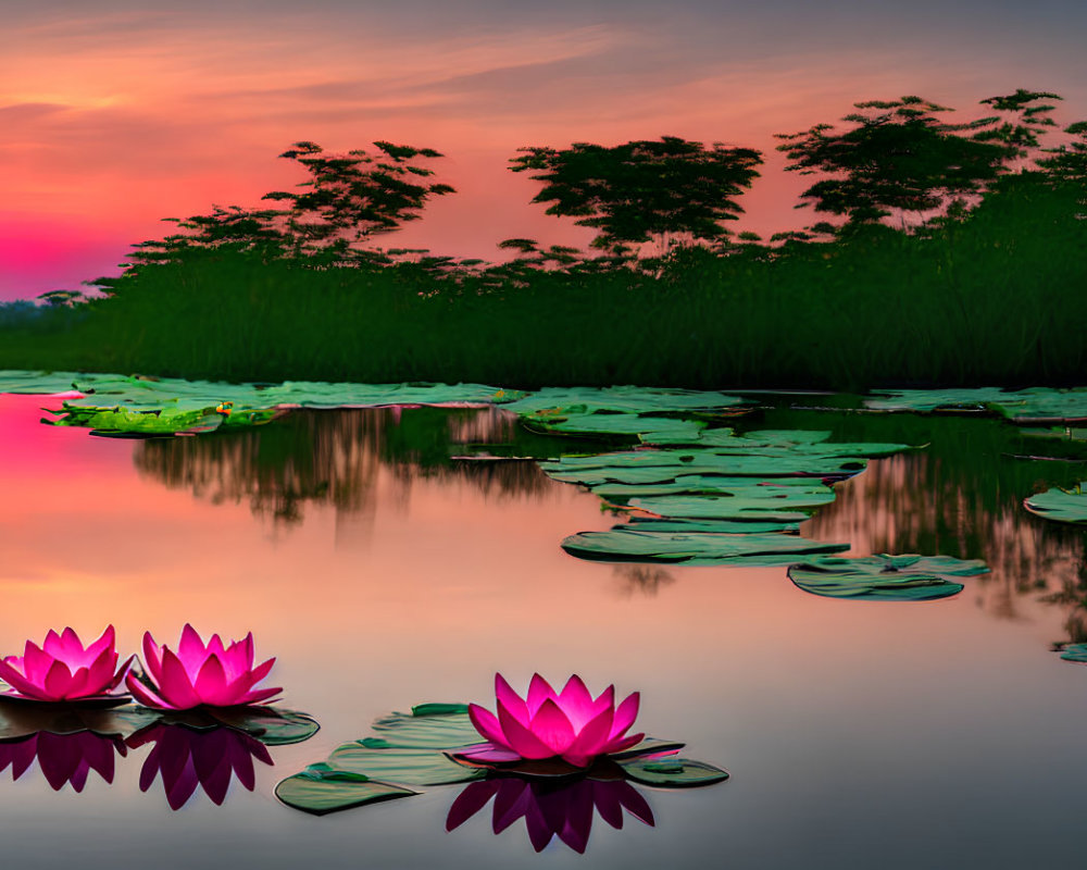 Tranquil lake with vivid pink lotus flowers blooming