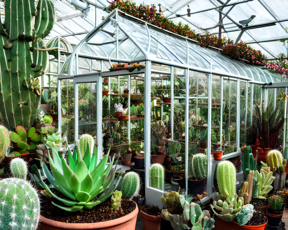 Greenhouse with Cacti, Succulents, and Potted Plants under Translucent Roof