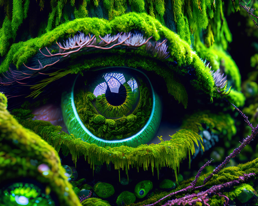 Green-eyed eye emerging from mossy landscape with fern-like eyelashes and lush greenery.
