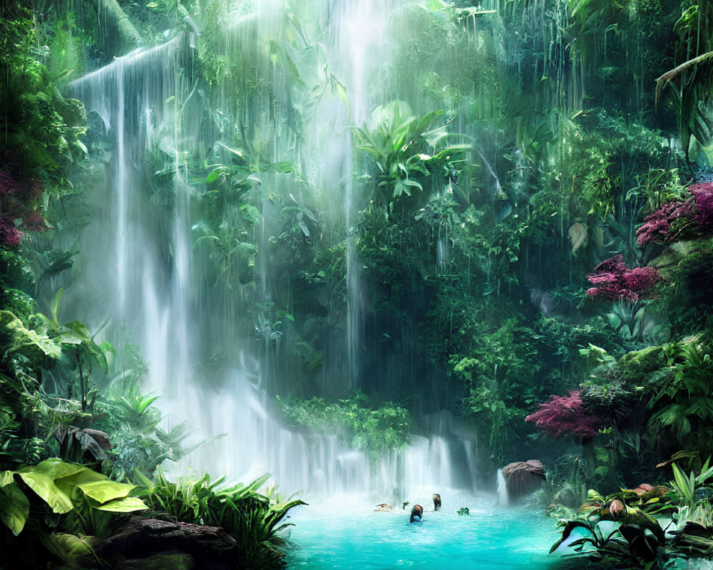 Tropical Waterfall with Blue Pool and Swimmers