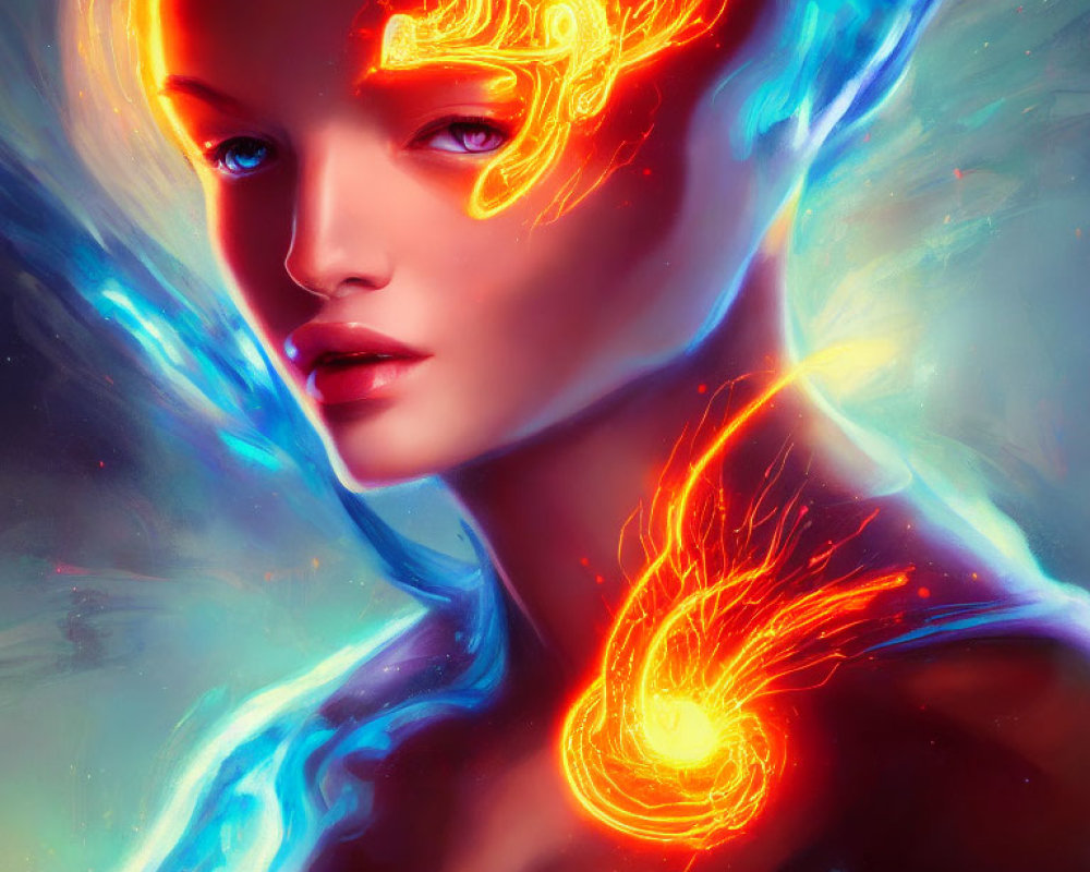 Colorful digital portrait with red and blue swirls accentuating face and cybernetic features