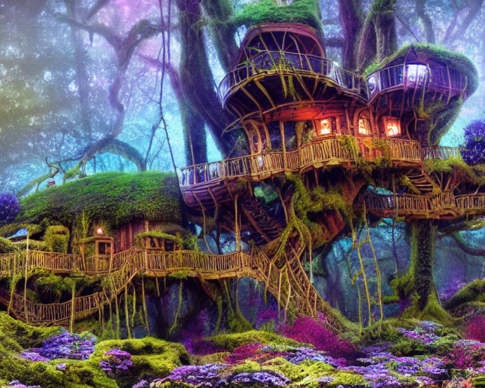 Enchanted forest scene with fantasy treehouse and vibrant purple flora