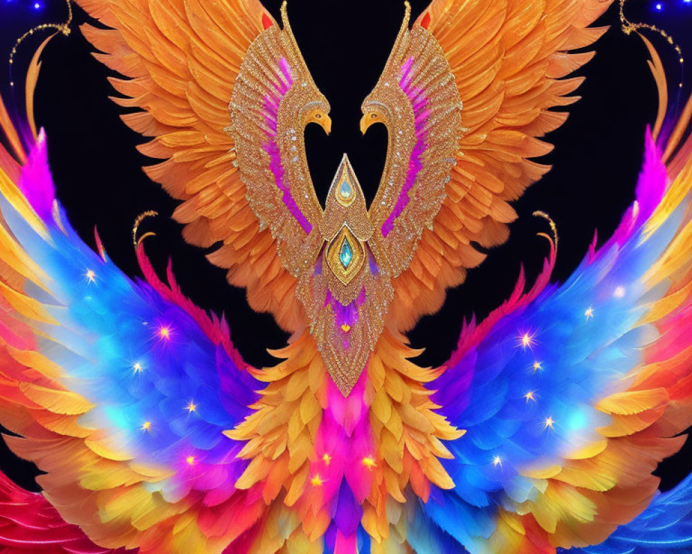 Symmetrical wing design with colorful spectrum and gold patterns