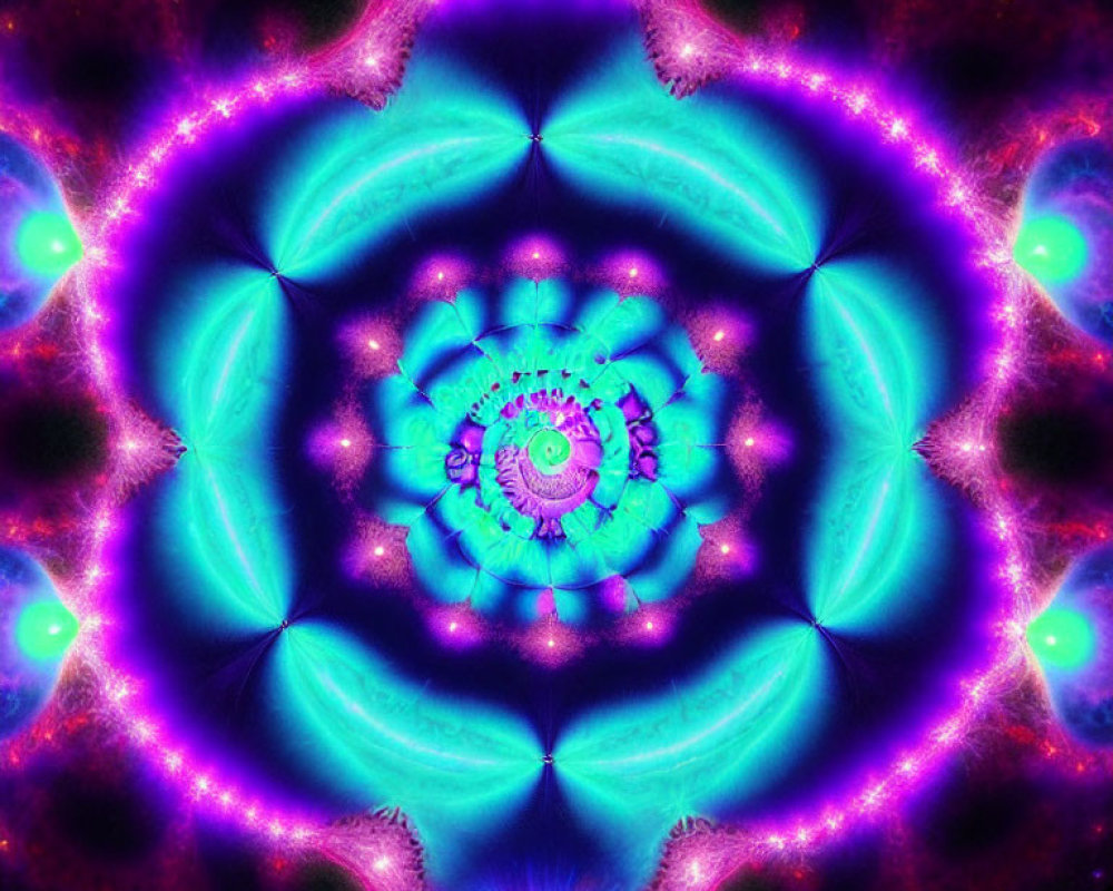 Symmetrical purple, blue, and pink fractal with glowing accents