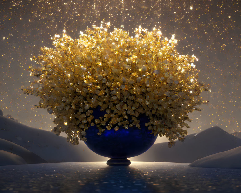 Golden tree in blue vase on snowy hills under starry night