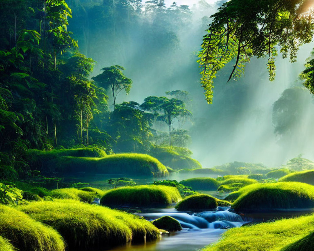 Misty forest with sunlight, serene river, moss-covered rocks