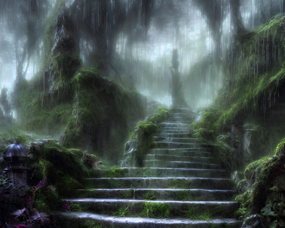 Misty forest stone steps lead to shadowy figure in ancient ruins
