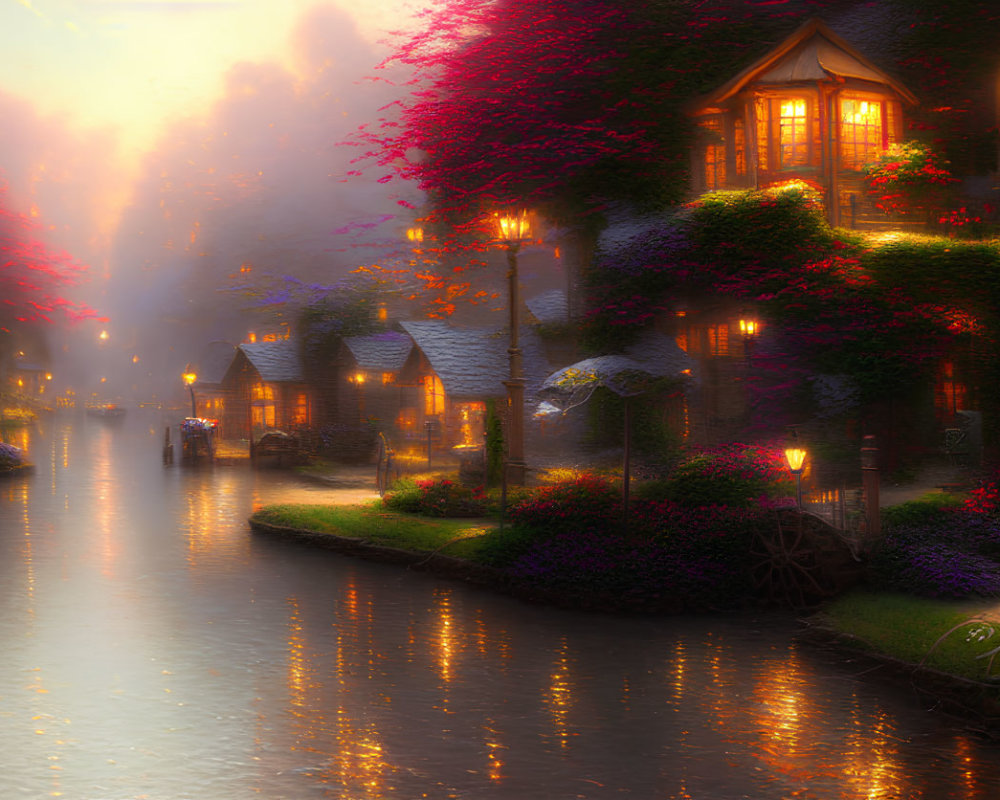 Picturesque canal at twilight with glowing windows, mist, flowers, and ivy