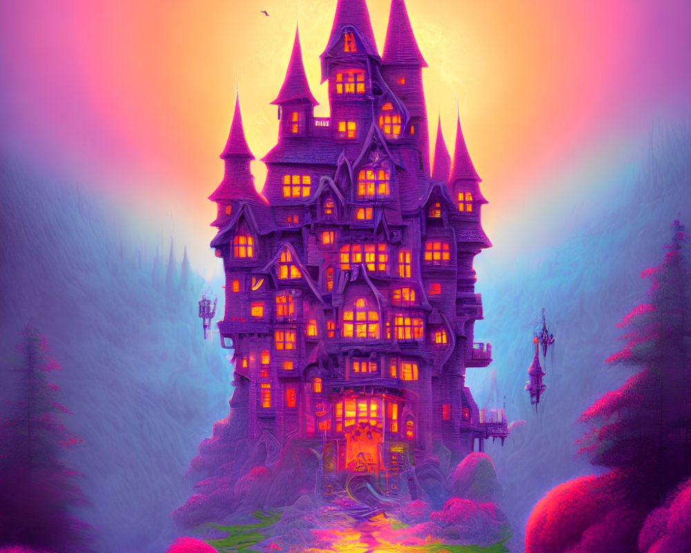 Magical castle illustration in pink and purple hues amid fantastical flora