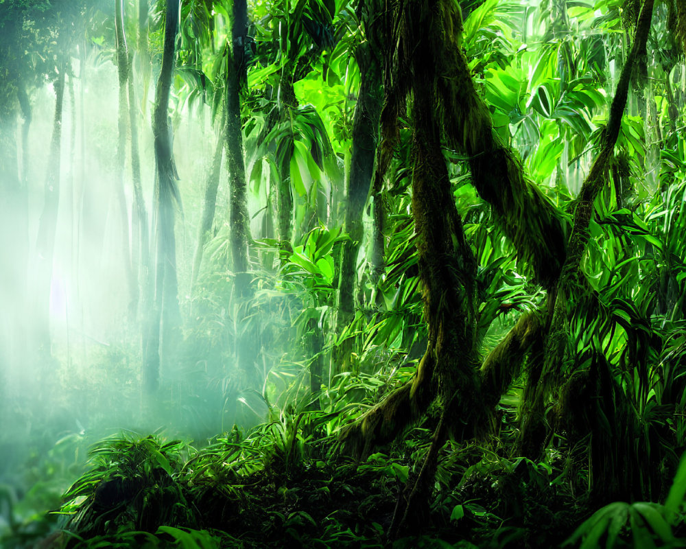 Sunlit Rainforest with Dense Foliage and Vibrant Plants