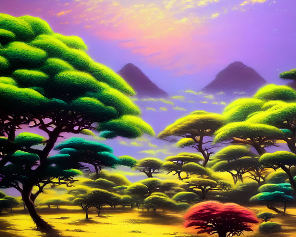 Colorful fantasy landscape with green trees, purple-orange sky, mountains, and pink tree