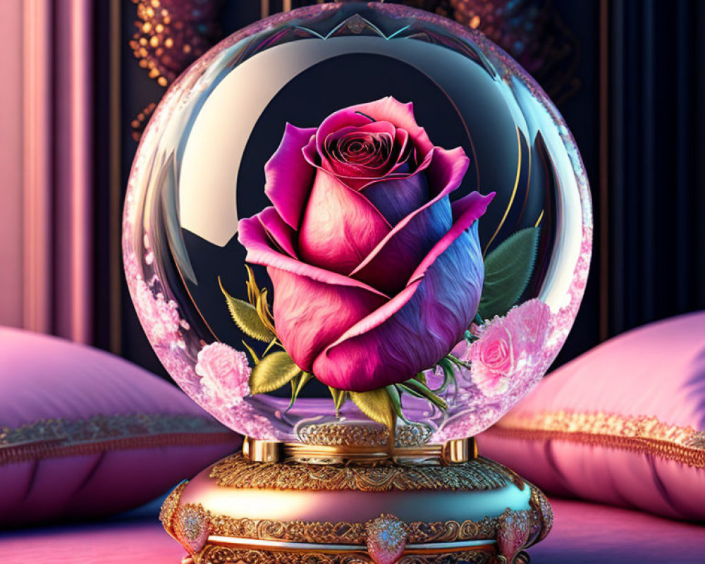 Pink rose in crystal ball on gold stand with purple cushions and curtains