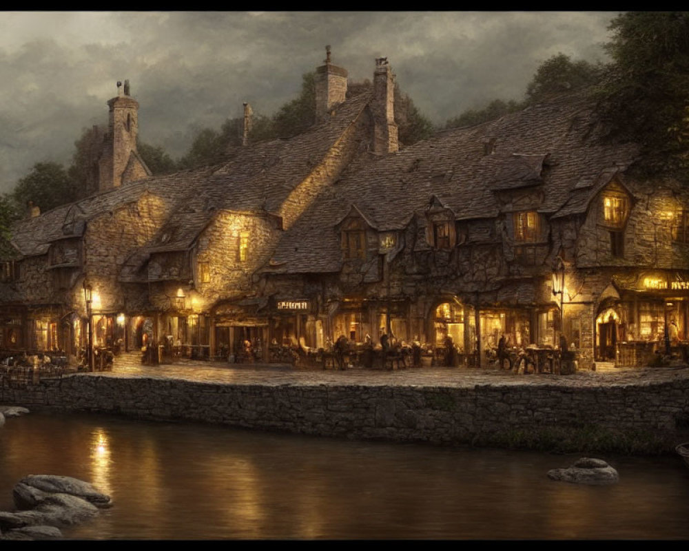 Medieval village with thatched roofs by tranquil river
