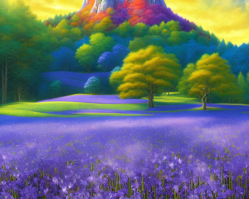 Colorful Landscape with Purple Flowers, Trees, and Mountain under Yellow Sky