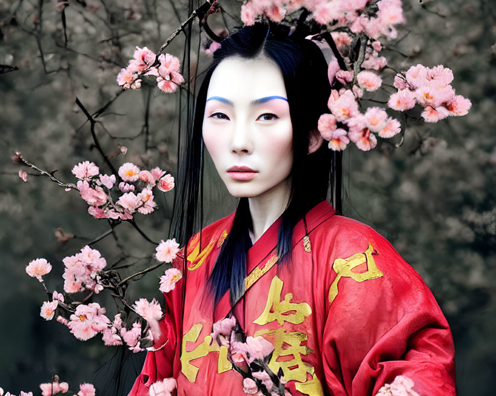 Woman in red Asian garment among pink blossoms with blue makeup