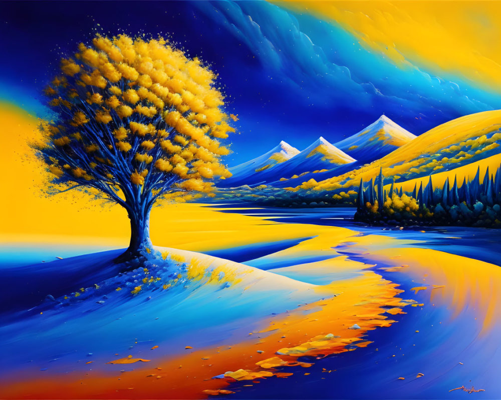 Colorful landscape painting of solitary tree by river with golden leaves and blue mountains.