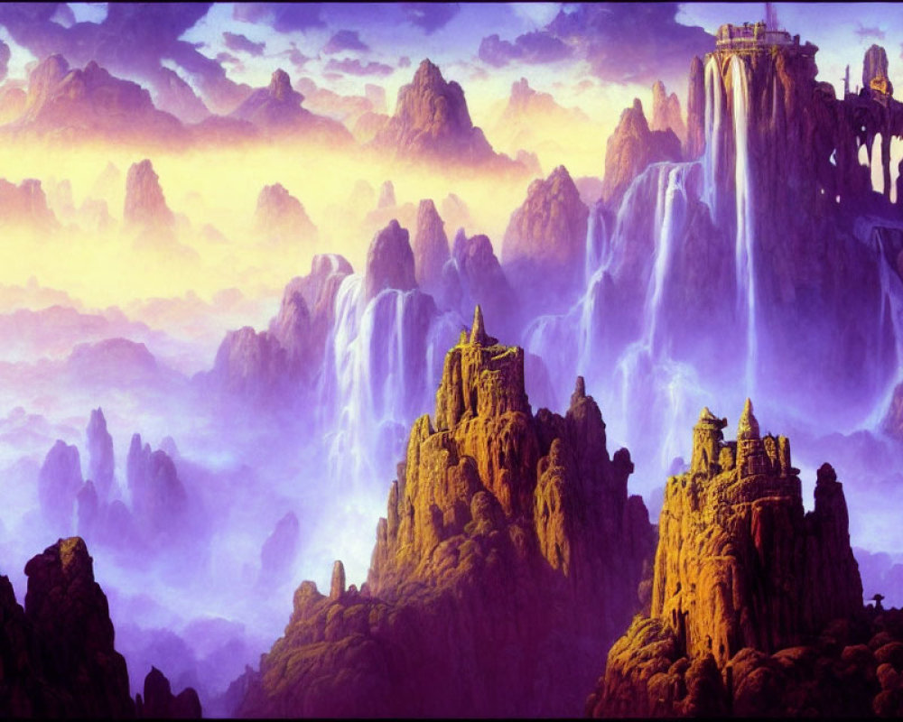 Majestic fantasy landscape with waterfalls, towers, and fortresses