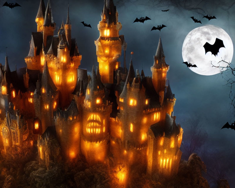 Eerie Gothic castle under full moon with bats in night sky