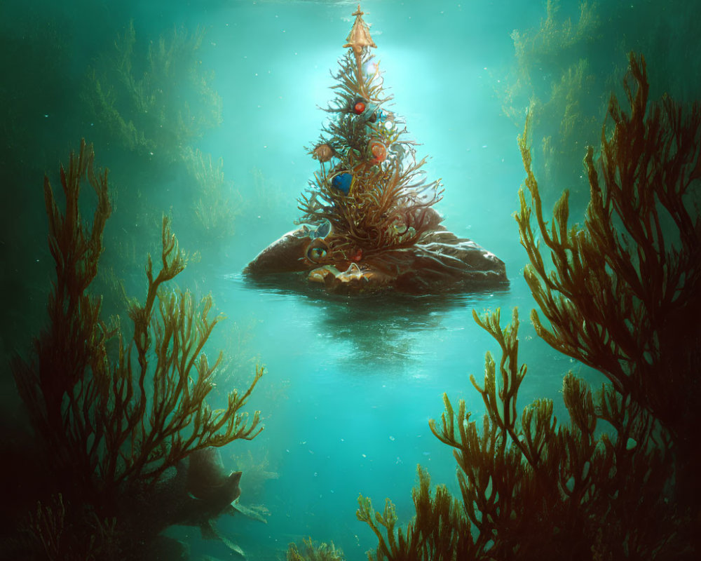 Christmas tree on rock surrounded by marine life in underwater scene